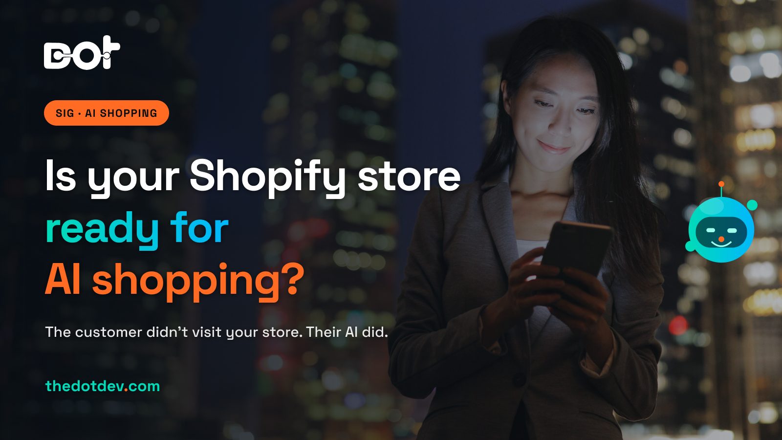 A shopper searching on her phone at night — the moment an AI, not a homepage, first evaluates a Shopify store.