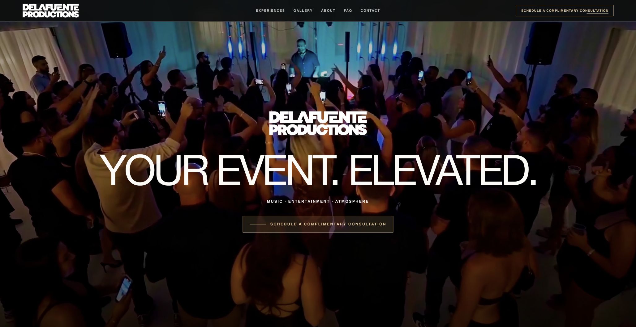 De La Fuente Productions WordPress website with cinematic event video and consultation call to action