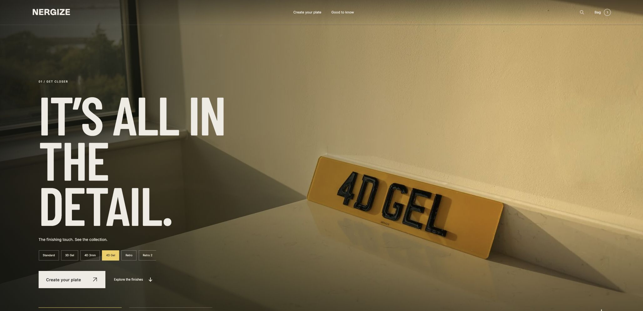 Nergize custom Shopify website with number plate photography and interactive finish choices